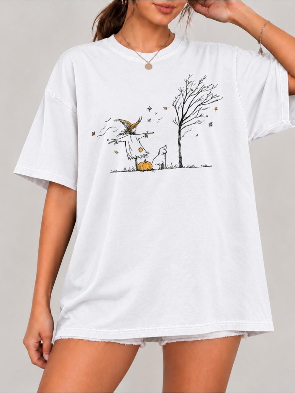 Halloween Scarecrow Dog Tree Pumpkin Tee Fall Unisex T-shirt